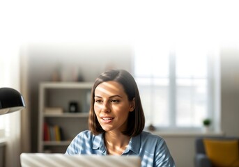 Dedicated woman working remotely in a sunlit home office, focused on her laptop screen, creating a modern and productive workspace vibe for digital entrepreneurs