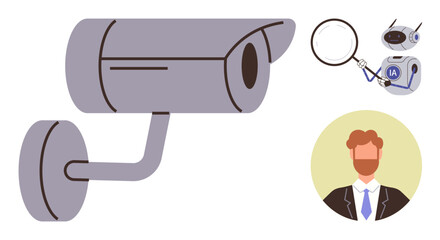 Surveillance camera monitoring surroundings, robot with magnifying glass representing AI analysis, and man in suit linked to privacy, data analysis, and identity protection. Ideal for security, AI
