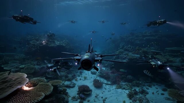 Underwater drones equipped with GPS and night mode cameras scanning rocky ocean floors tracking nocturnal fish behavior in deep water environments.