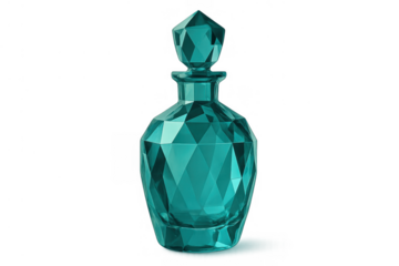 Elegant faceted turquoise glass perfume bottle or decanter with a crystal stopper, luxury style, isolated on transparent background