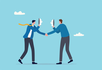 Office politics, jealousy colleagues compete to get promoted, rivalry coworker argument, dishonesty stab in the back concept, businessmen colleagues putting fake smile mask hiding the knife behind.