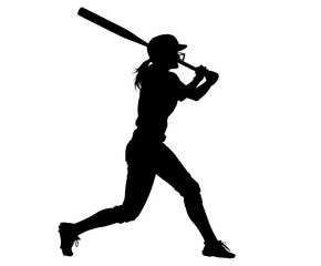Powerful Softball Player Swinging Silhouette in Sleek Black Flat Design for Striking Athletic Visuals