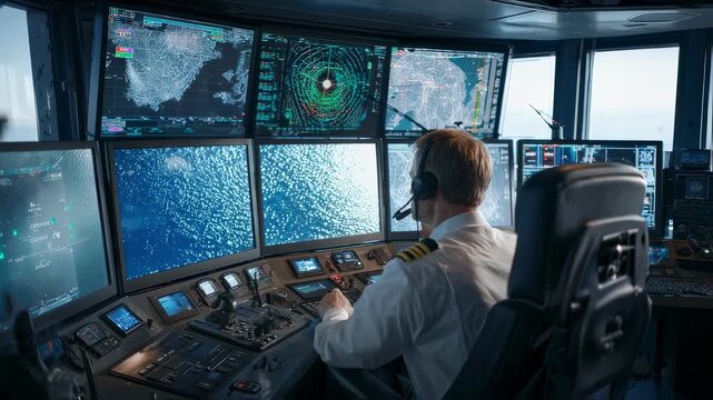 An operator seated at a hightech console surrounded by screens showing radar feeds and navigation maps utilizing a microphone to communicate with vessels entering the harbor ensuring
