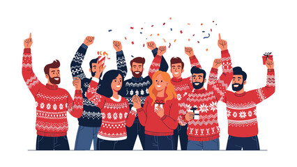 Excited friends celebrate Christmas together wearing matching sweaters with gifts, confetti and joyful holiday spirit