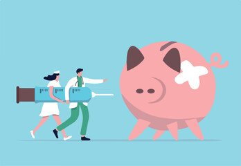 Economic stimulus, QE Quantitative Easing, monetary policy in economic in financial crisis or economic recession, doctor carrying syringe of medicine or vaccine to inject broken illness piggy bank