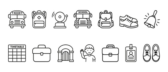 School icon set: bus, backpack, bell, shoes, child, id, timetable