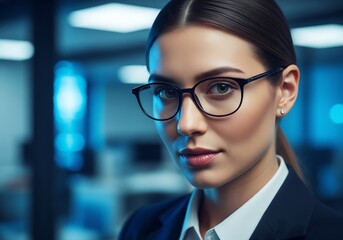 Professional businesswoman with glasses looking confident in modern office setting, ready for success and leadership, perfect for corporate branding and advertising