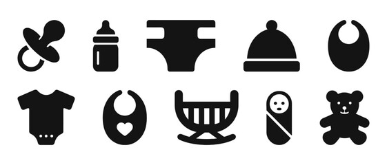 Black baby icon set featuring pacifier, bottle, diaper, bib, and more