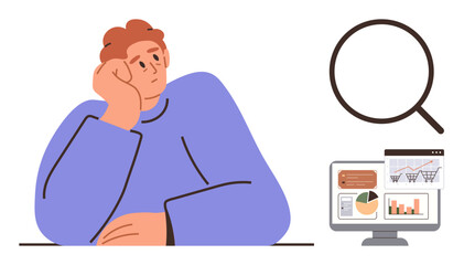 Thoughtful individual sitting near charts on a computer and a magnifying glass. Ideal for analysis, research, strategy, planning, data management, productivity, or focus. A simple flat metaphor