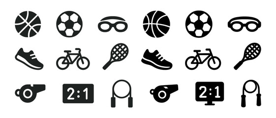 Set of sport icons including ball, bicycle, whistle, and timer