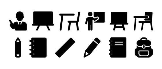 Educational icons: teacher, chalkboard, desk, student, supplies, backpack, stationery