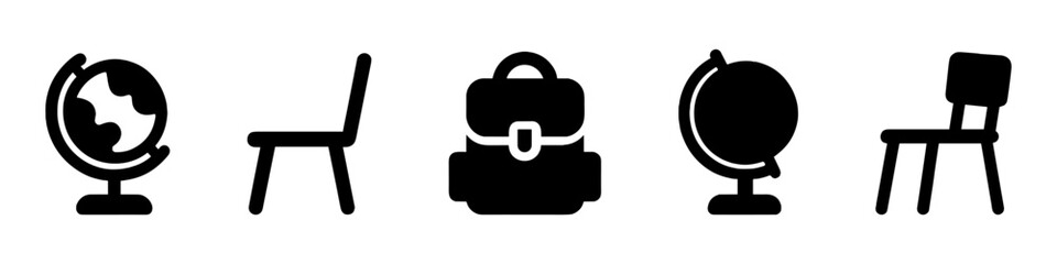 Collection of education icons: globe, chair, backpack, silhouette style