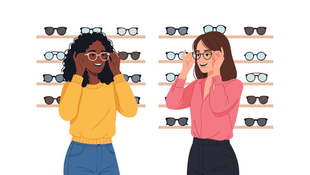 Two stylish women trying on eyeglasses at modern optical store selecting frames for clear vision and fashionable eyewear upgrade