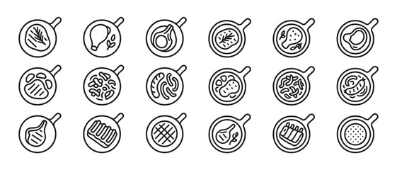Collection of cooking line icons featuring various foods in frying pans