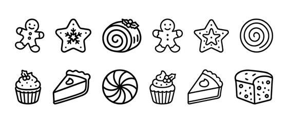 Outline of festive holiday desserts and cookies collection