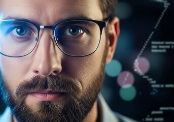 Intense gaze of a data scientist analyzing complex algorithms for cutting edge research in modern technology, showcasing expertise and innovation in AI