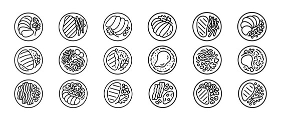 Assorted doodle style food icons: bread, croissant, sushi, pancake