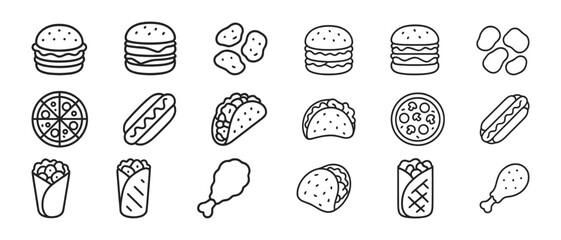 Black and white outlined fast food icons collection