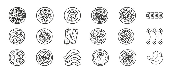 Assorted line art: noodles, vegetables, burritos, and chips illustrations