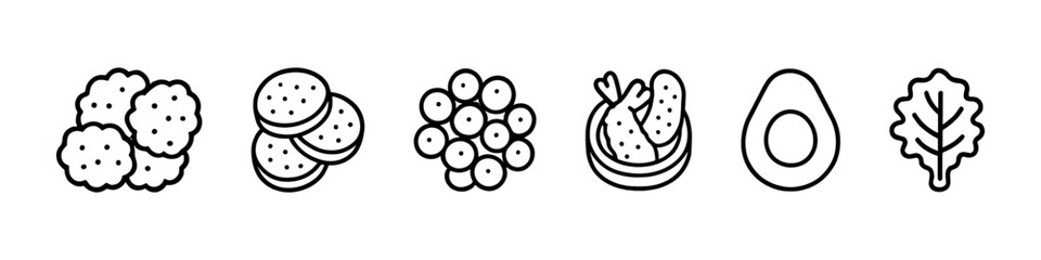 Line art icons of berries, crackers, grapes, vegan meal, avocado, and lettuce