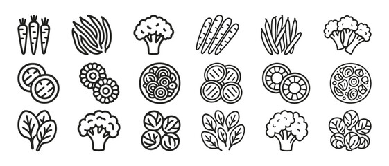 Variety of doodle vegetables: carrots, broccoli, tomato slices, and leafy greens