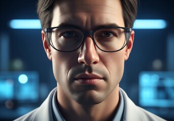 Confident scientist staring intently in research lab, ready to solve global challenge, modern design with professional focus and serious scientific attitude