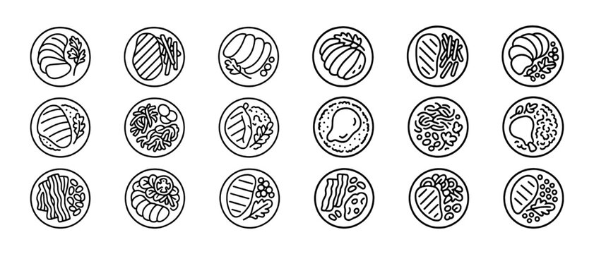 Assorted doodle style food icons: bread, croissant, sushi, pancake