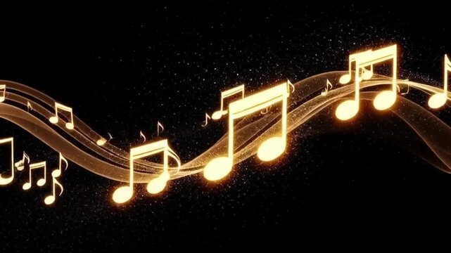 Golden music notes flow across a dark stage, perfect for a concert intro or music-themed presentation with a touch of elegance and artistic flair