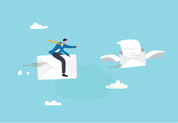 Follow up email sending message to confirm important project, ensure progress or tracking project status, communicate plan concept, businessman riding flying follow up email envelope.