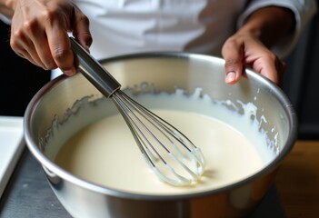 Close up of African American chef's hands holding whisk to mix eggs and flour in metal bowl while preparing dough food cooking concept