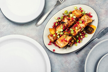 Grilled salmon fillets, grilled seafood.