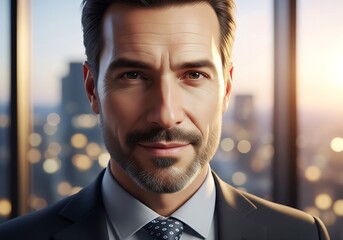 Confident business leader overlooking vibrant city lights, radiating success and modern ambition, ready for new opportunities with a winning smile