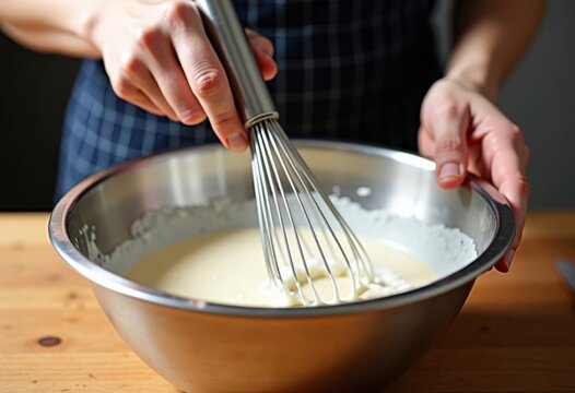 Close up of chef's hand holding whisk to mix eggs and flour in metal bowl during dough preparation food cooking concept - Powered by Adobe