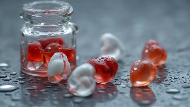 Close up of heart shaped candies in glass jar on wet surface