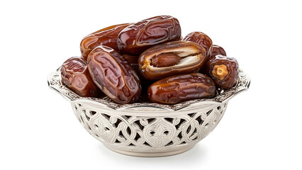 A silver bowl filled with medjool dates on a white background in a studio shot with good lighting