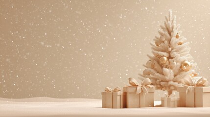 Elegant Christmas greeting card in soft beige, beautifully decorated frosted Christmas tree with gold, champagne, and white ornaments, Happy New Year, and Merry Christmas background.