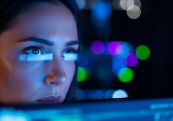 Intense focused woman analyzes futuristic glowing data overlays in dark server room environment