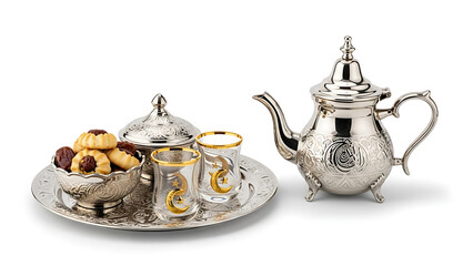 Silver tea set with teapot glasses and cookies on a tray for a festive occasion celebration event