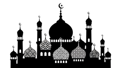 Silhouette illustration of a mosque with domes and crescent moon symbols in black and white design