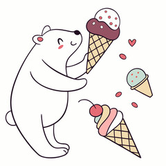 Whimsical Polar bear feeling Funny in a Ice cream party setting with holding a heart – colored in Scoops & Swirls
