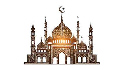 Ornate islamic mosque silhouette with crescent moon and star against a white background design element