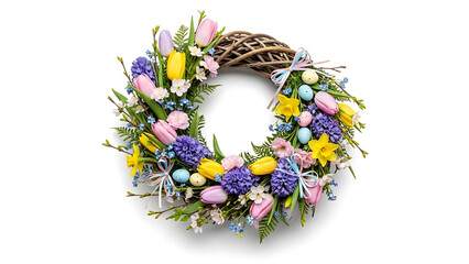 A floral wreath with tulips daffodils hyacinths and easter eggs on a white background in studio shot