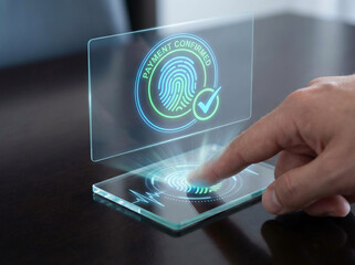 Fingerprint hologram payment confirmation on futuristic scanner device