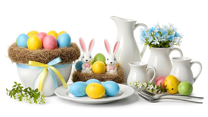 Easter display with colorful eggs bunnies and white pitchers arranged on a white background