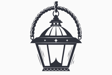 Silhouette Hanging Lantern with Rope, Geometric Design, Isolated on White Background