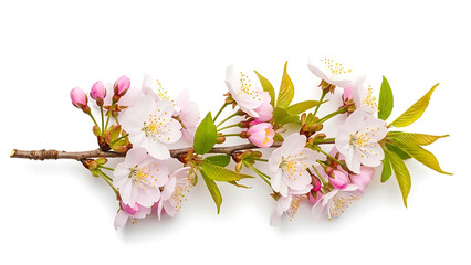 A branch with pink and white blossoms and green leaves isolated against a white background perfectly centered