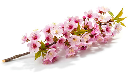 A delicate branch of cherry blossoms with pink petals against a pristine white background creating a soft look