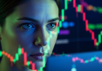 Intense female trader focuses sharply on volatile cryptocurrency or stock market candlestick charts late at night