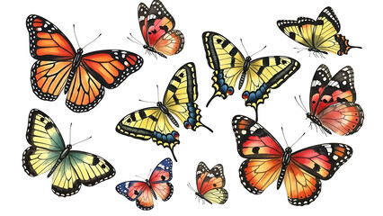Collection of various colorful butterflies with intricate wing patterns on a white background art piece
