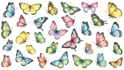 A watercolor illustration featuring a diverse array of colorful butterflies on a white background artfully arranged
